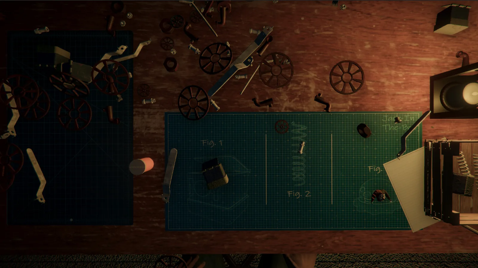 Joymaker: top-down view of a toymaker's workbench with gears and blueprints