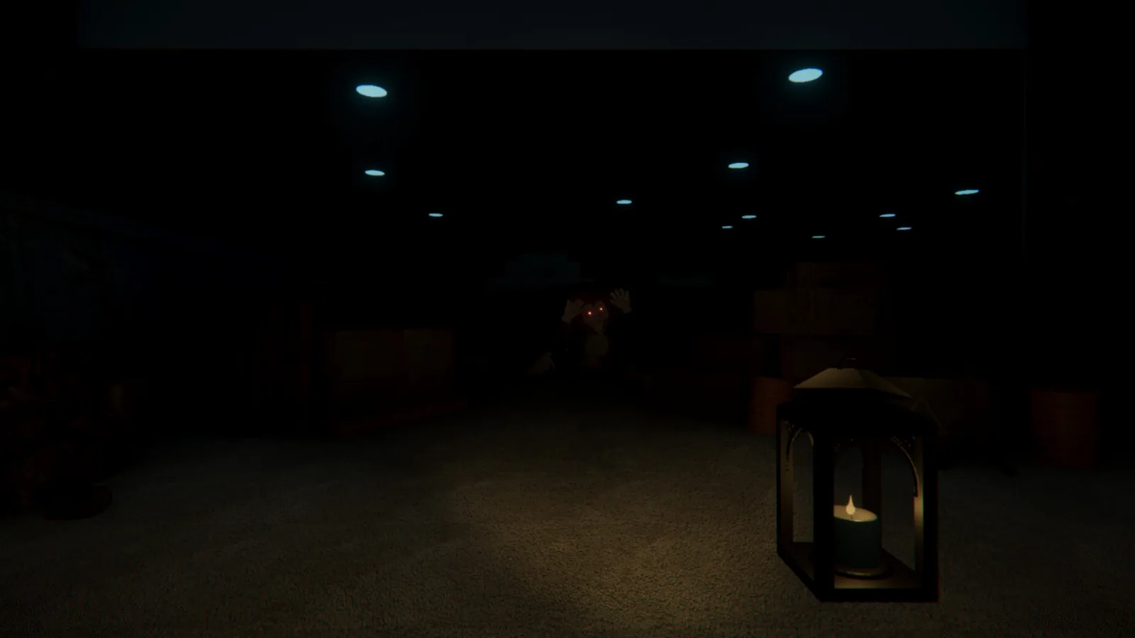 Joymaker: dark factory floor with a figure in the distance