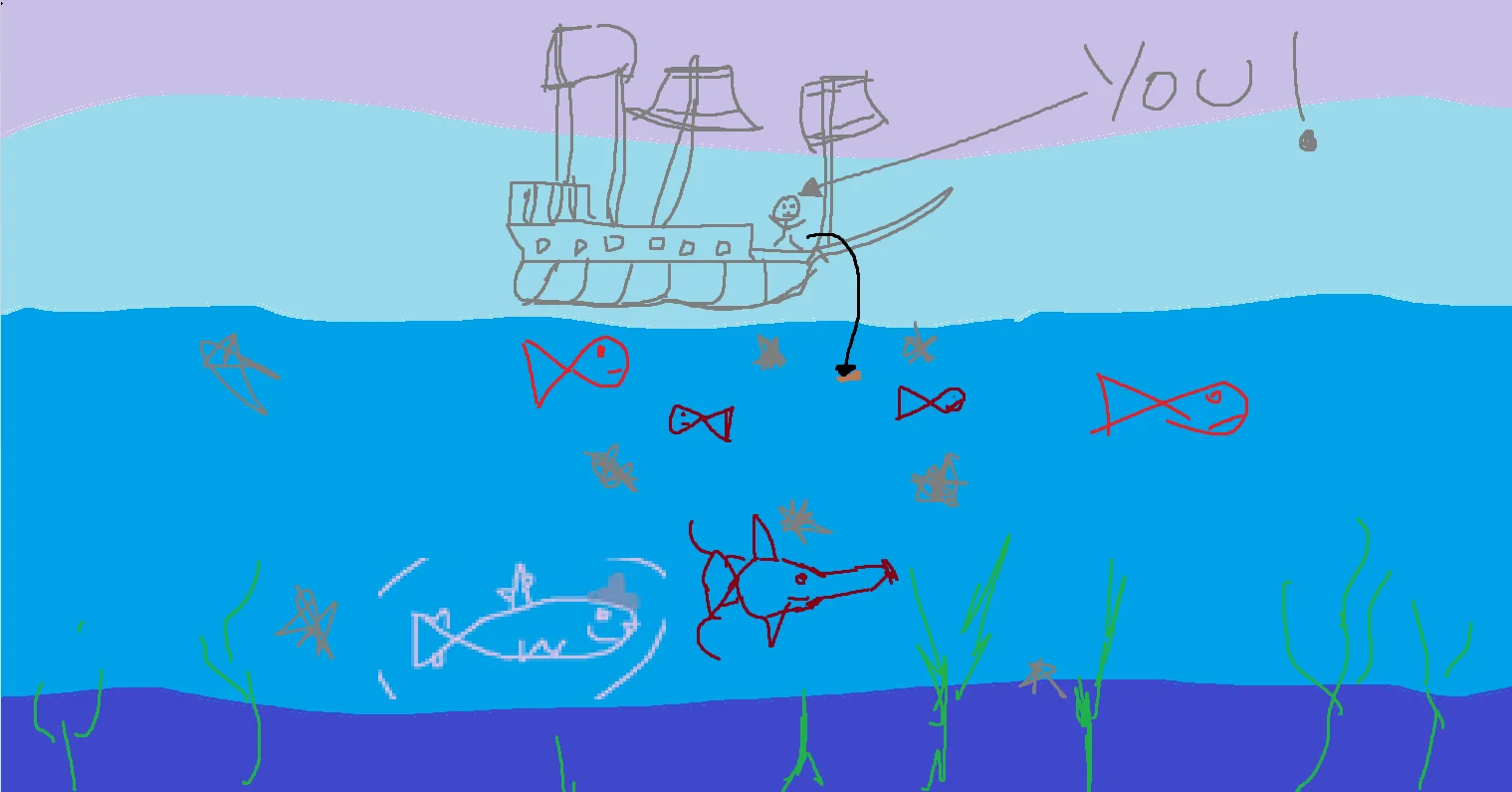 Quick sketch of the reel-in fishing mechanic