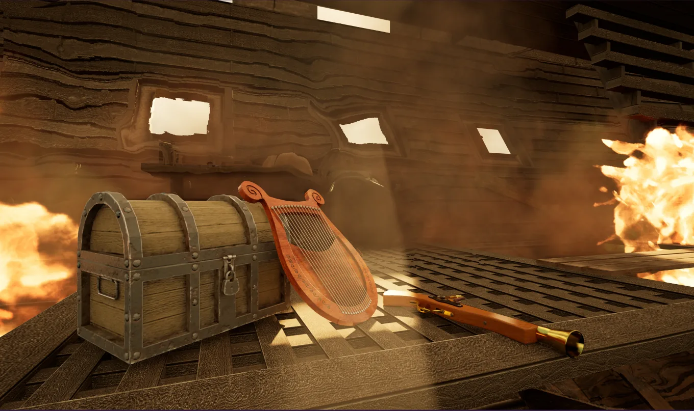 Treasure chest, lyre, and pirate gun rendered in Unreal Engine