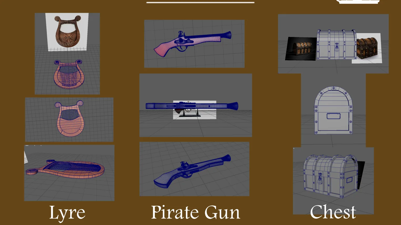 Wireframes of the lyre, pirate gun, and chest