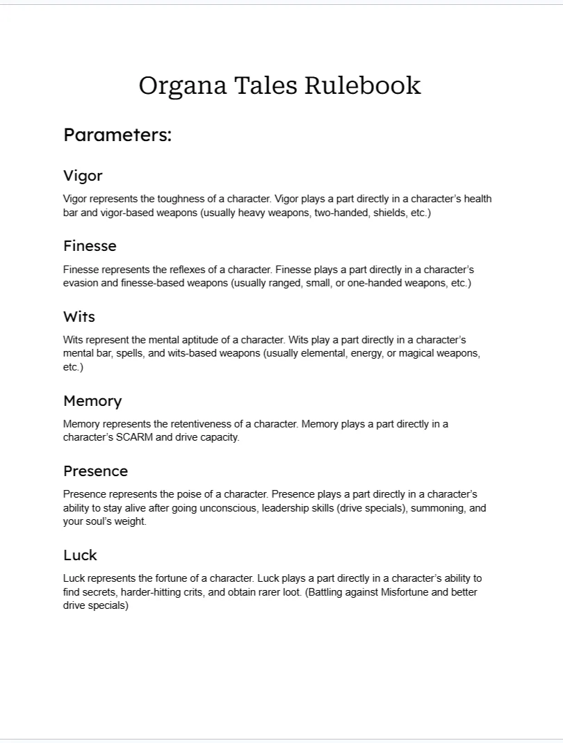 Organa Tales rulebook page